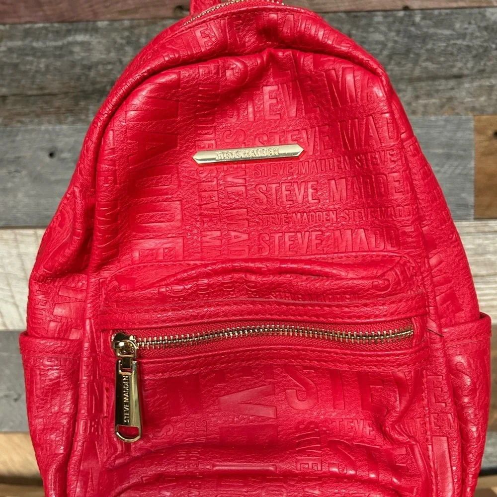 Steve Madden Red Embossed Logo Mini Backpack - Picture 3 of 11